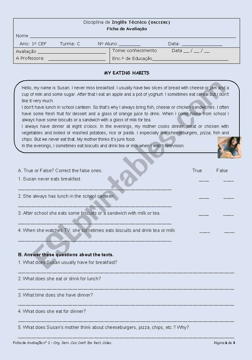 Test on eating habits worksheet