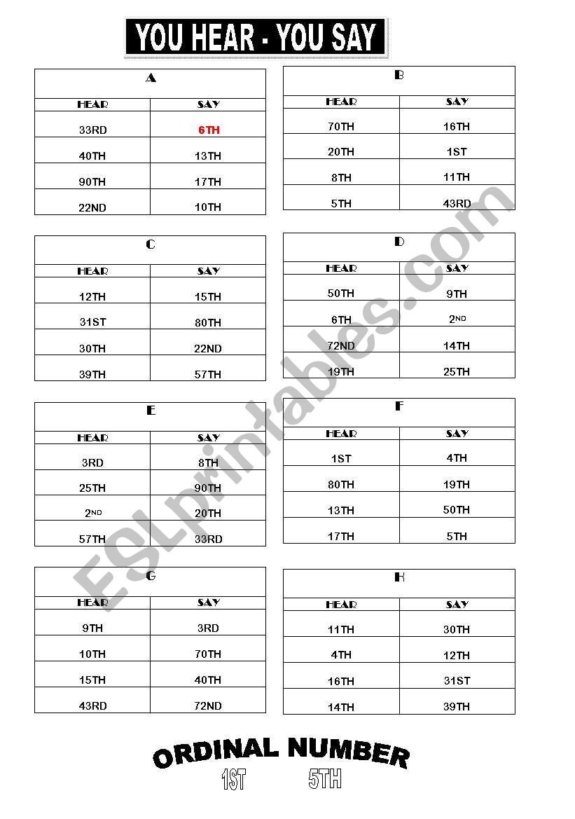 YOU HEAR - YOU SAY ORDINAL NUMBER GAME