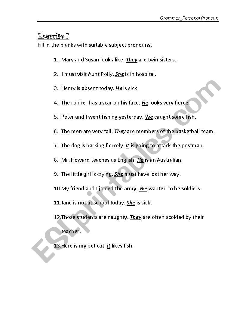 Personal Pronoun worksheet