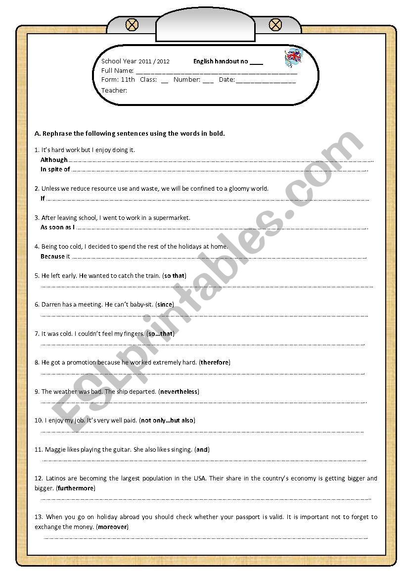 Linking words - rephrasing worksheet