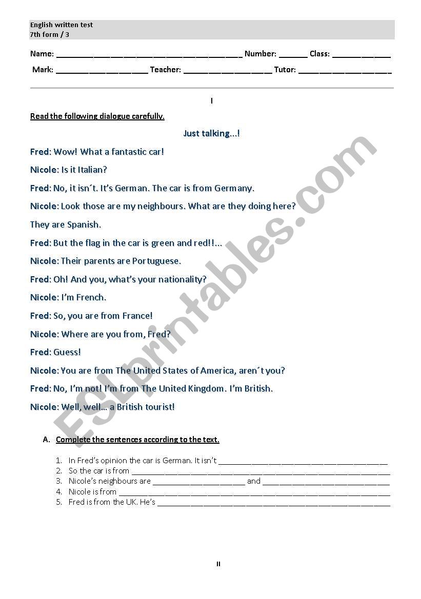 English written test worksheet