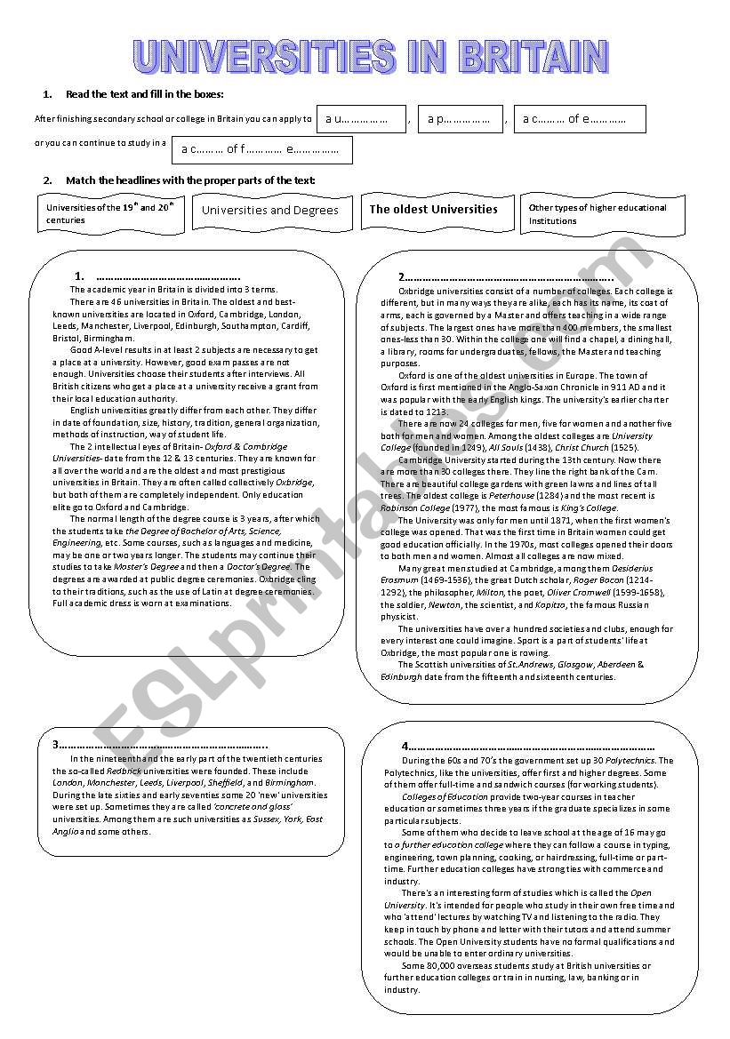 Universities in Britain worksheet