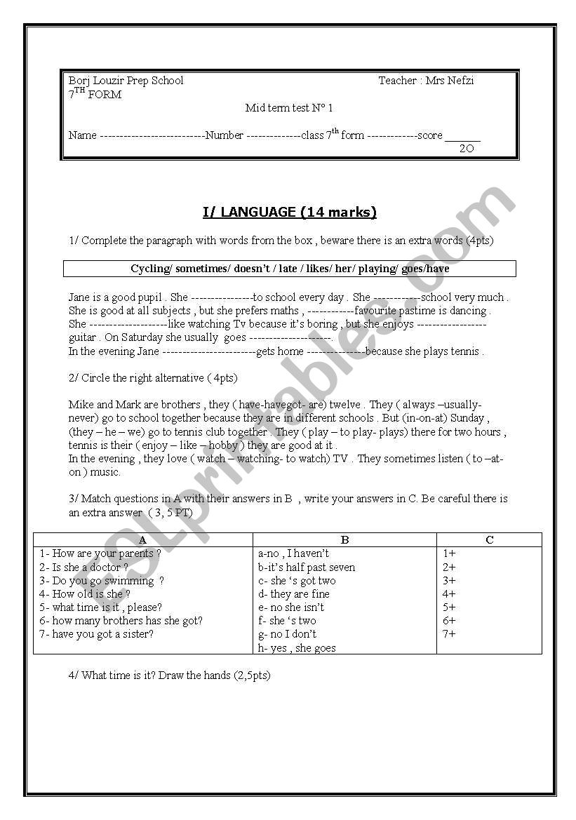 7th form, mid test worksheet