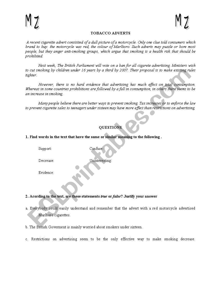 Tobacco Adverts worksheet