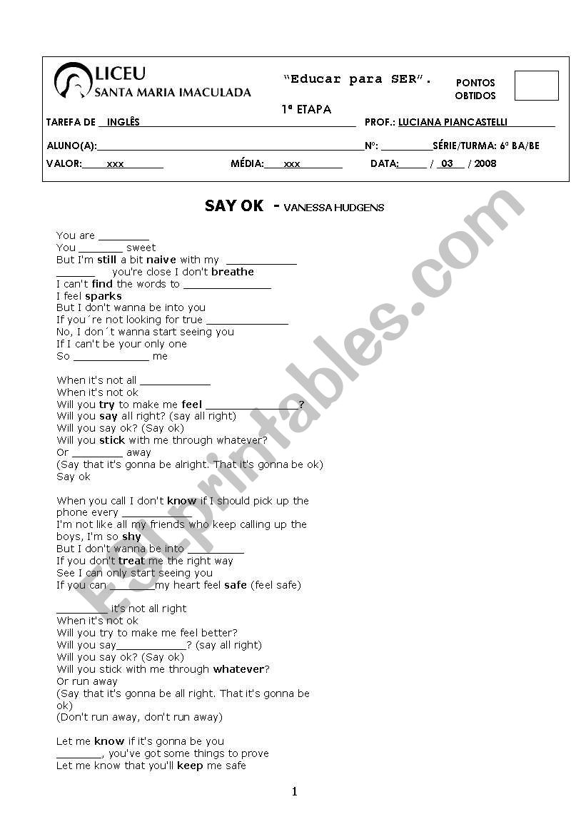 Song Say Ok worksheet