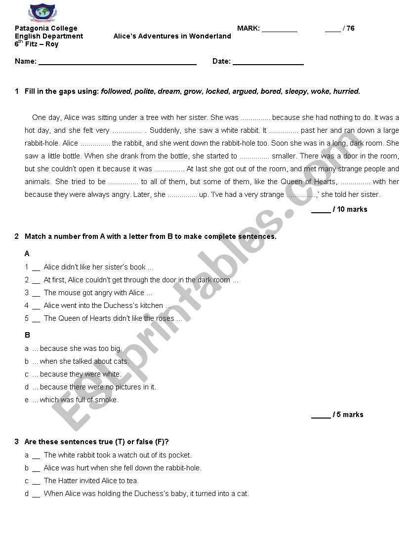 Alice in wonderland movie worksheet