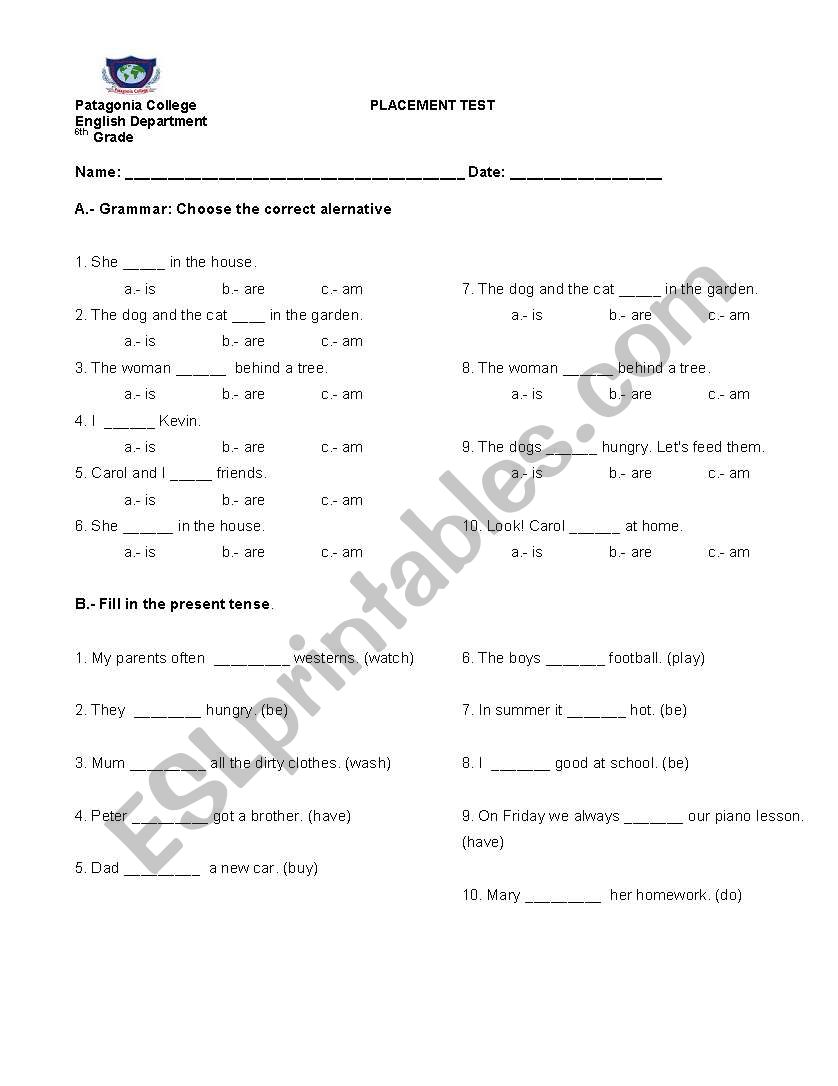 Placement Tests worksheet