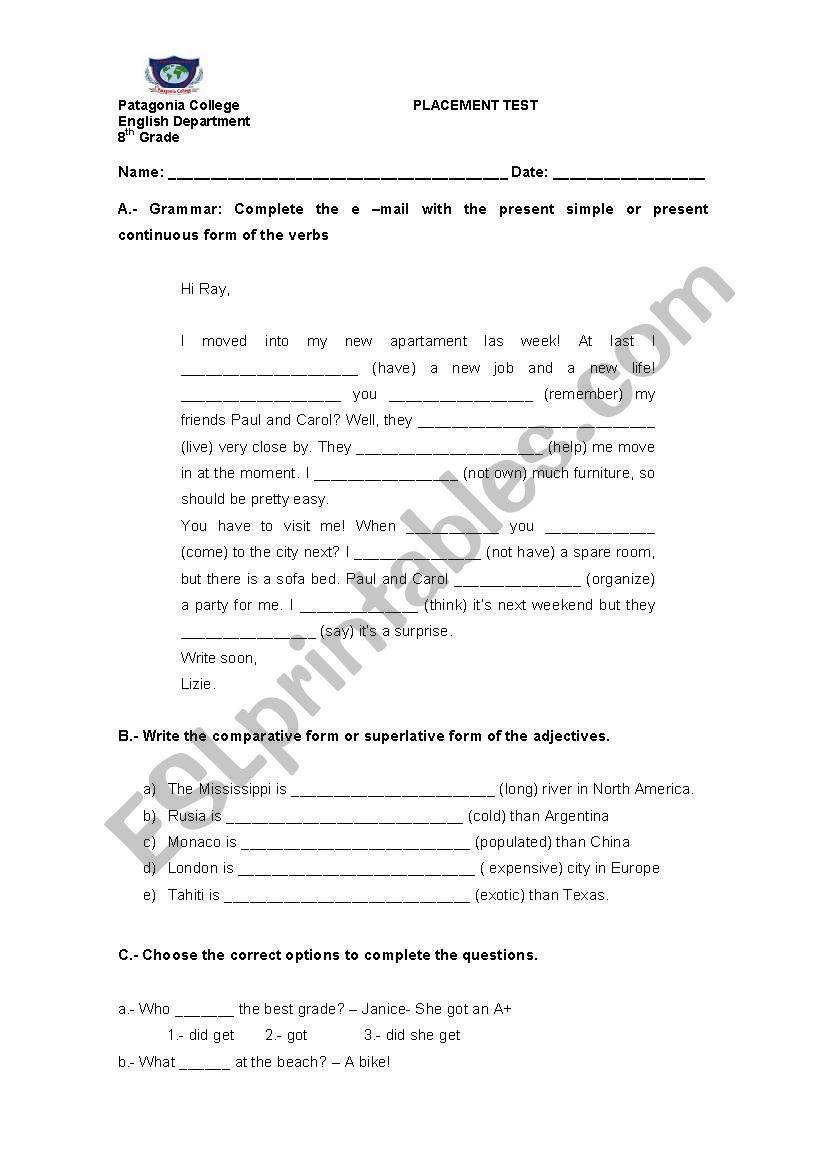Placement Tests worksheet