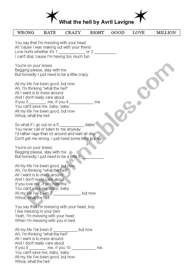 What the hell - Avril Lavigne worksheet