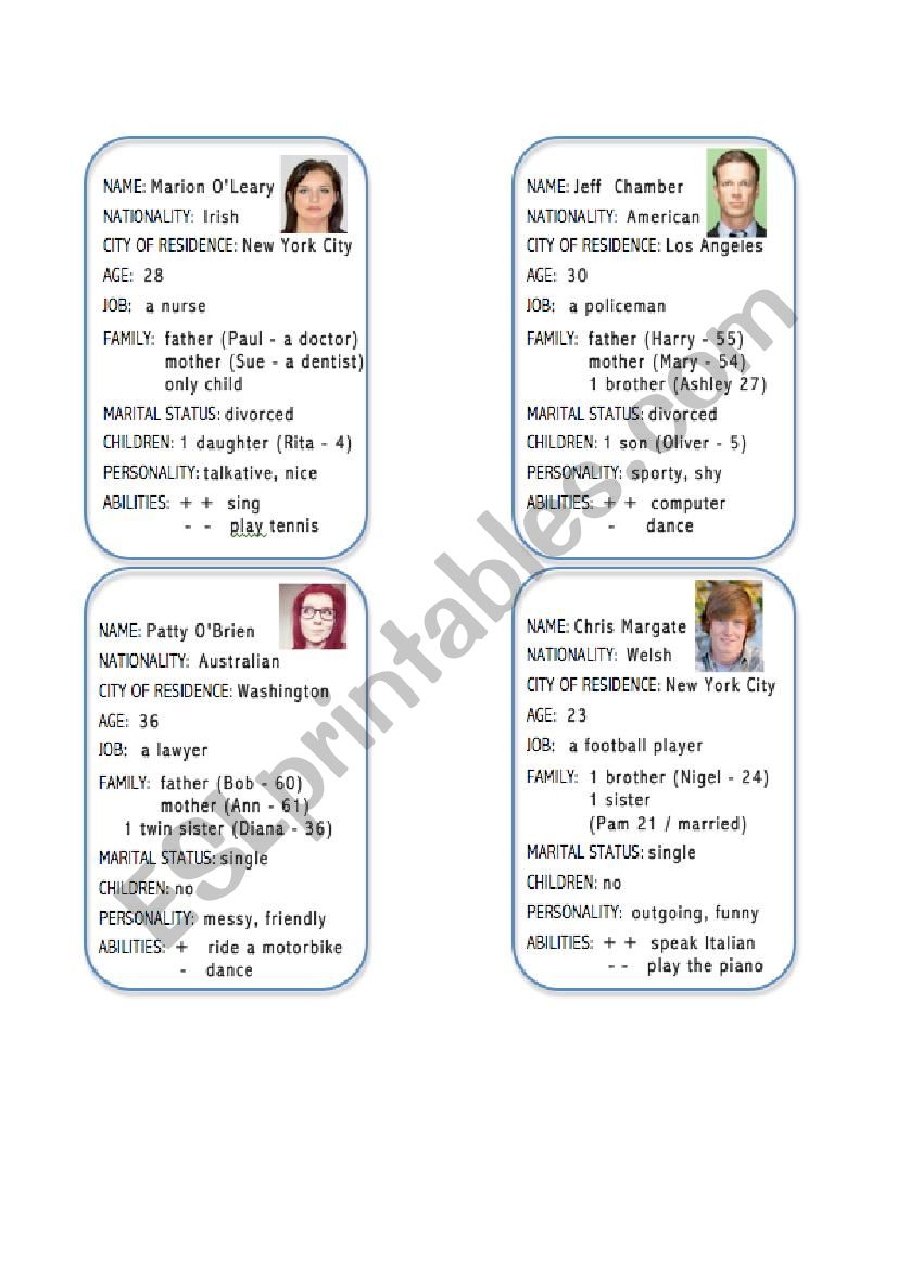 Speed-dating role play cards. worksheet