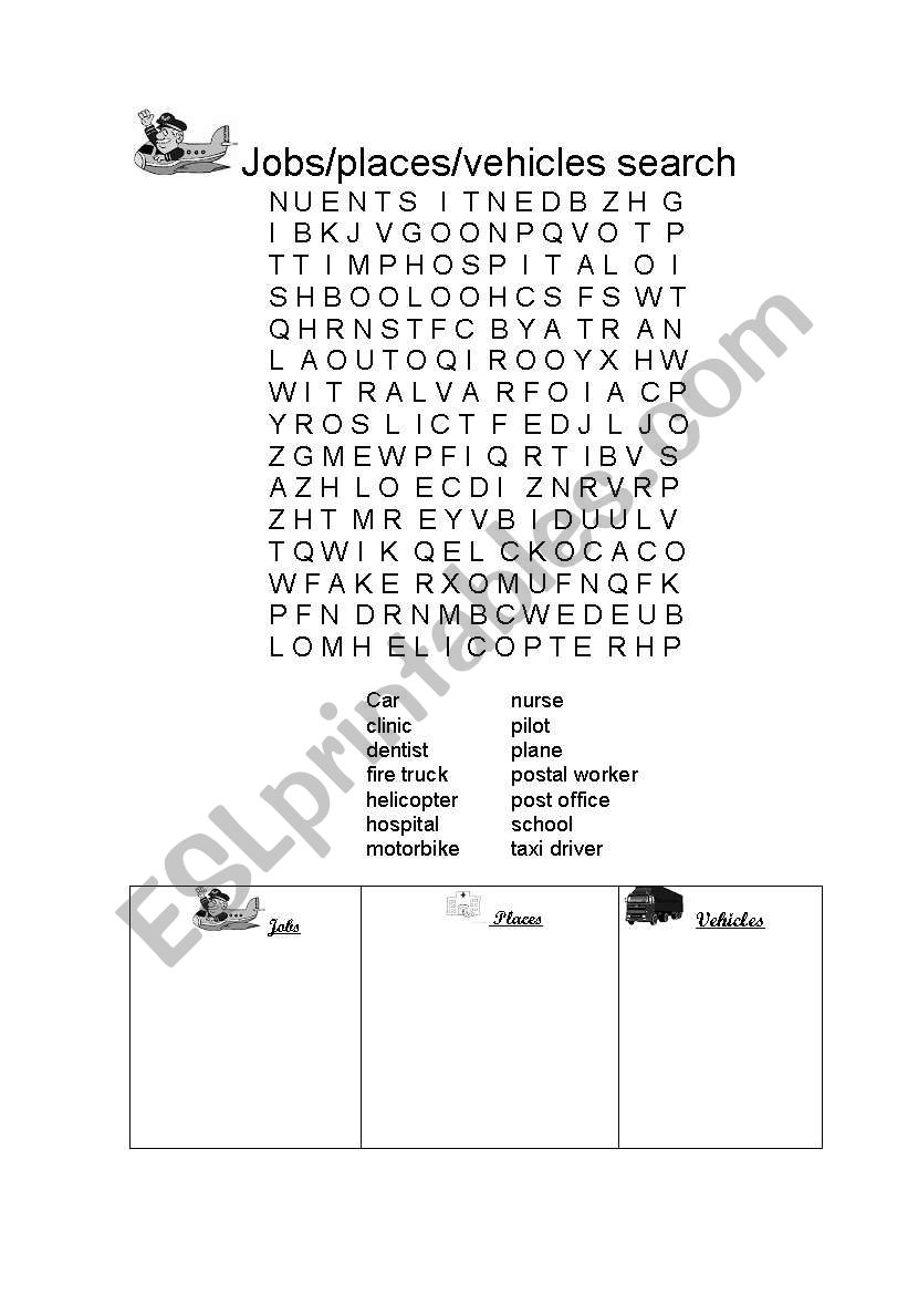 jobs places vehicles search worksheet