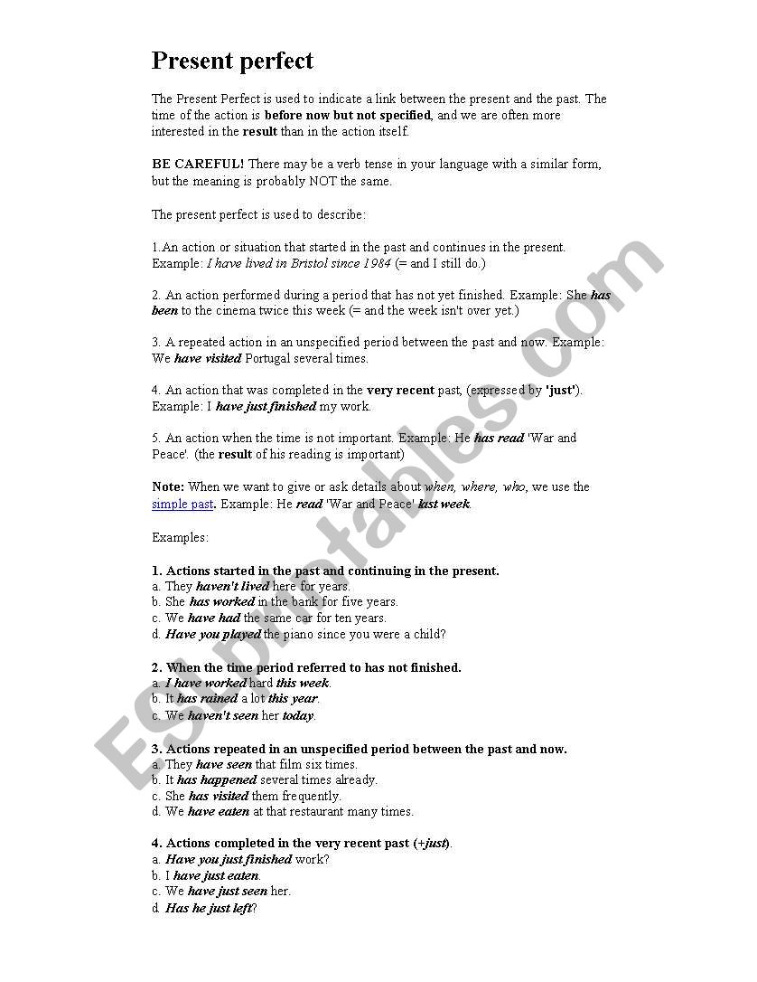 PERFECT TENSES EXPLANATION worksheet