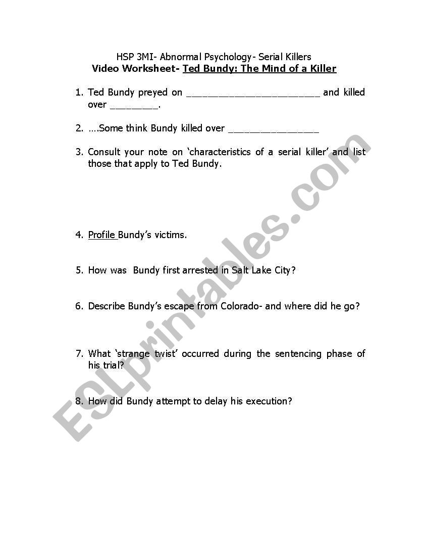 Ted Bundy- Serial Killer worksheet