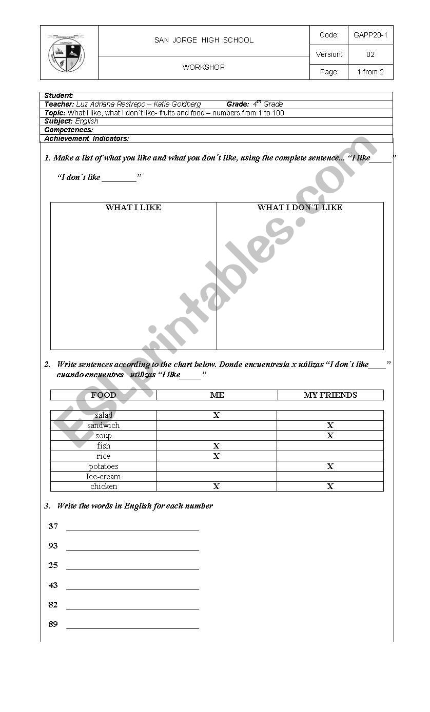 LIkes and dislikes worksheet