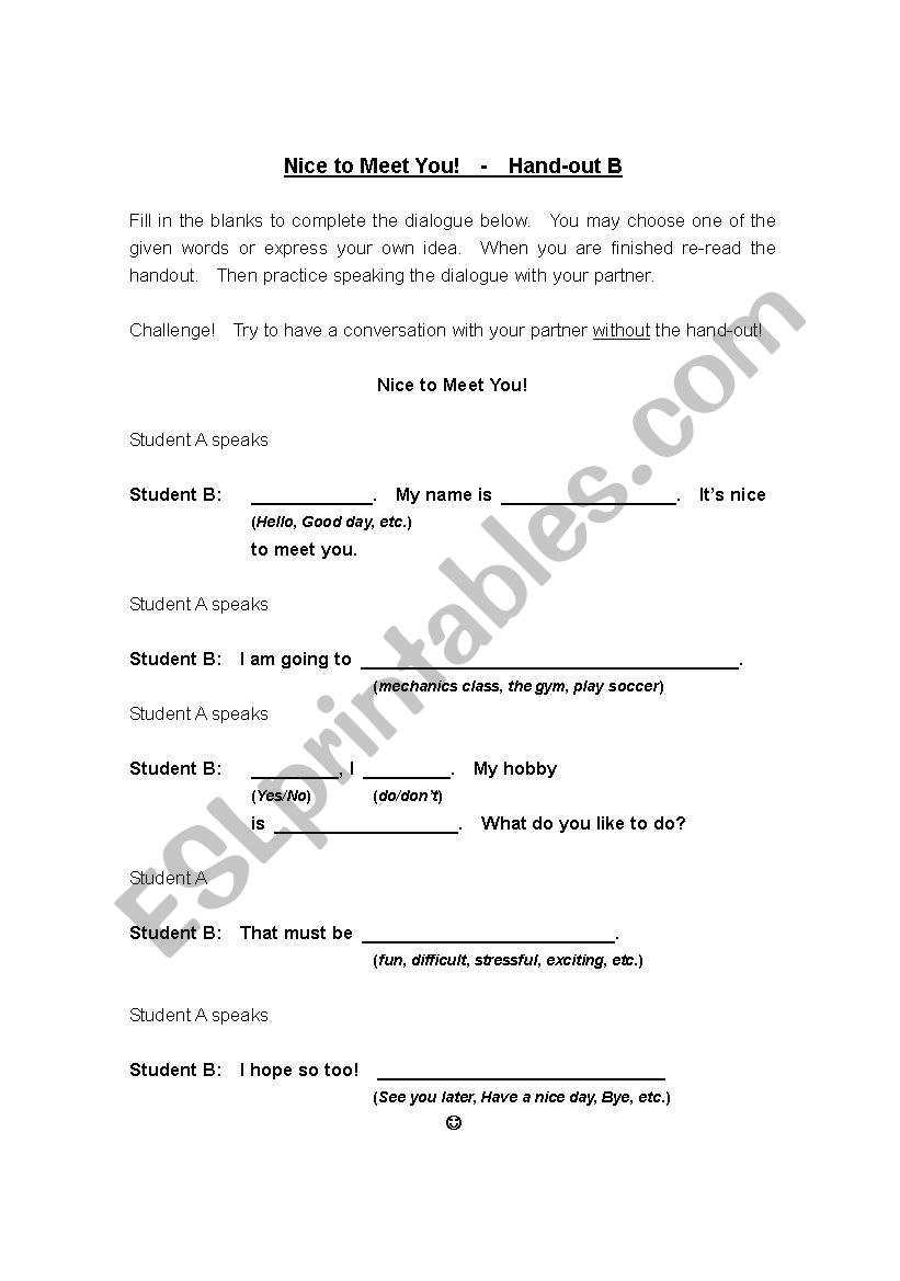 Nice to Meet You!  Handout for Student B