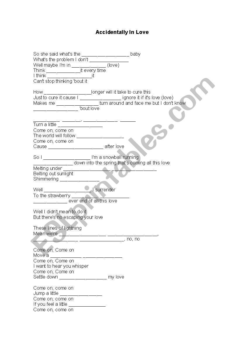 Accidently in love worksheet