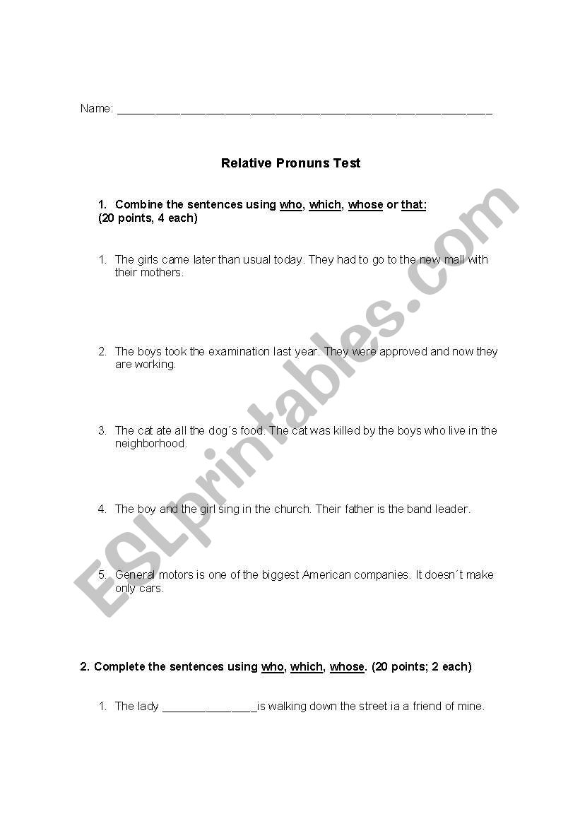 Relative Pronouns worksheet