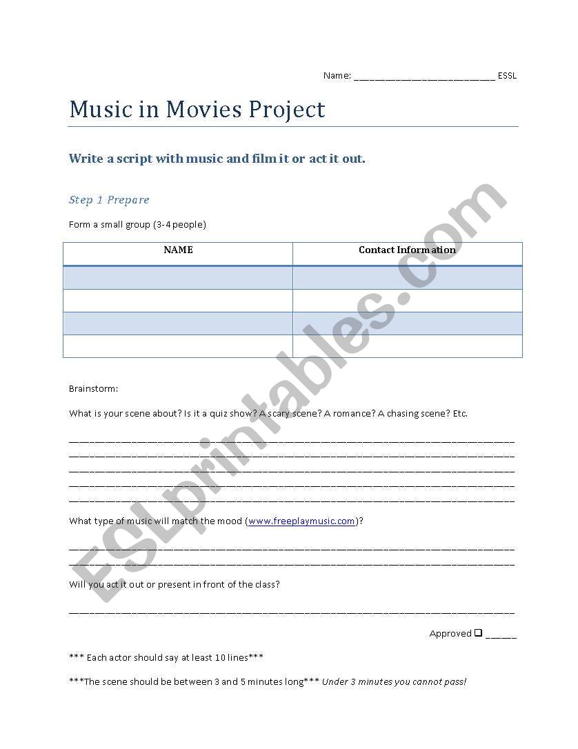 Music and Movie Project worksheet