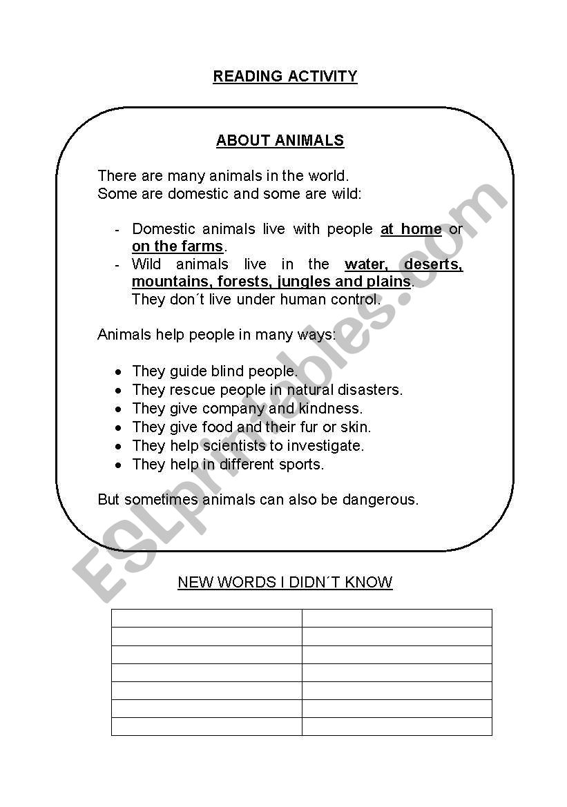 about animals worksheet