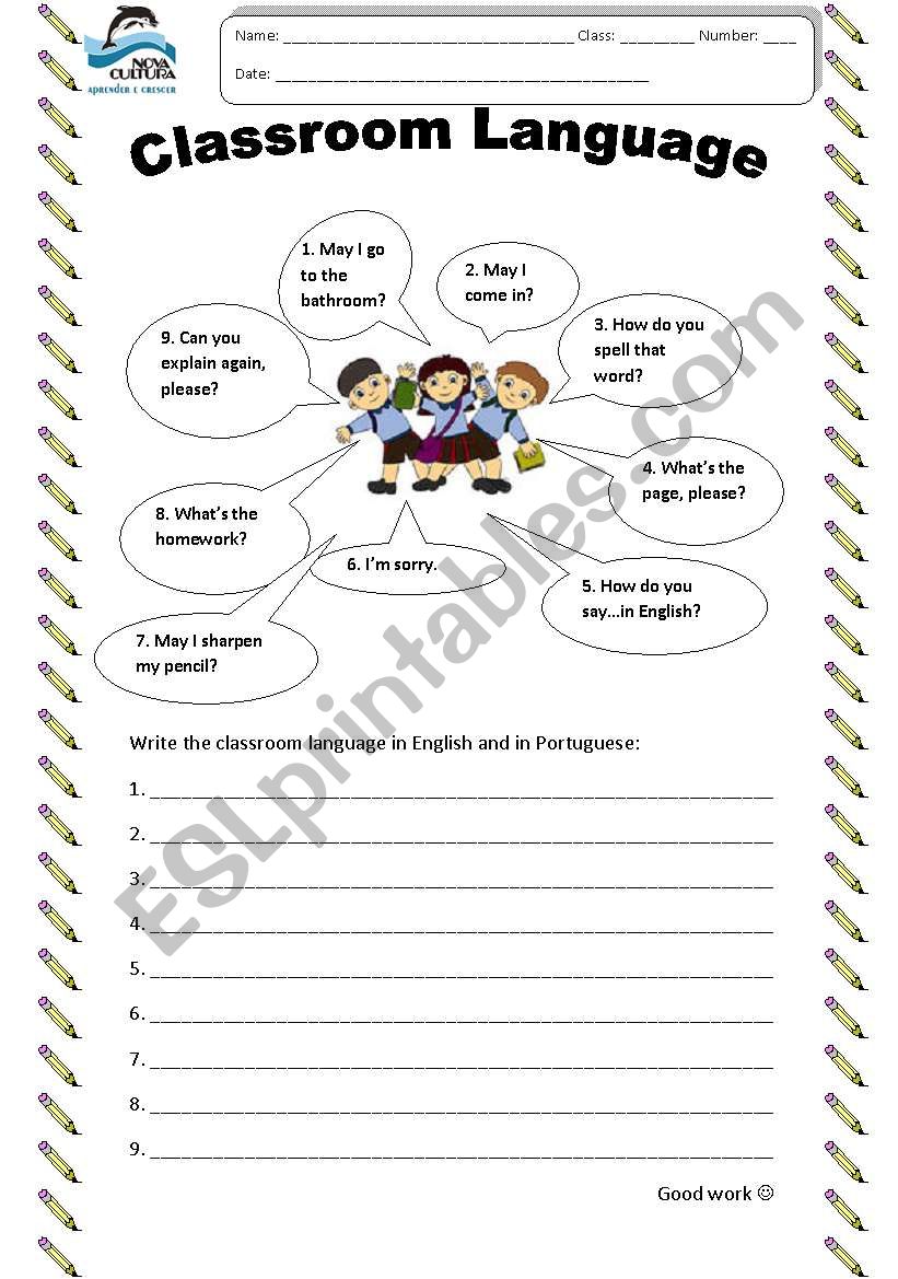 Classroom language worksheet