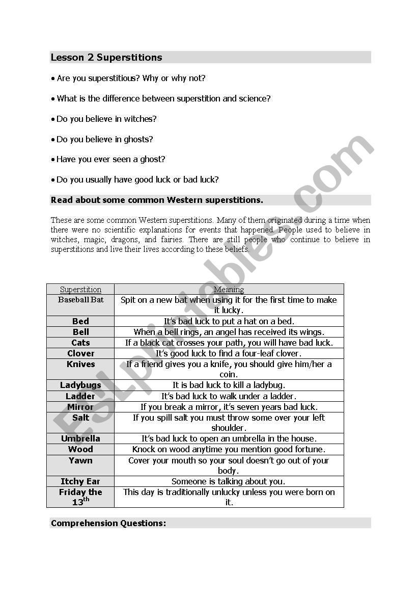 Superstitions worksheet