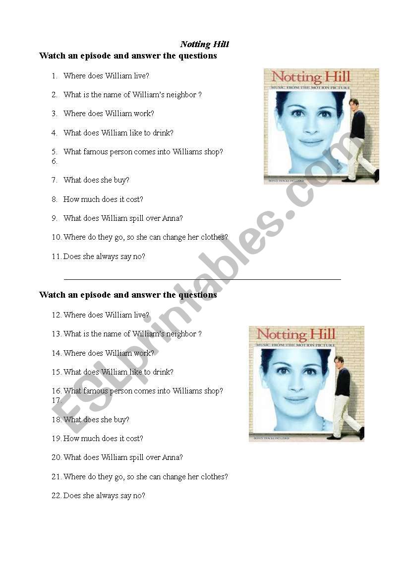 notting hill worksheet