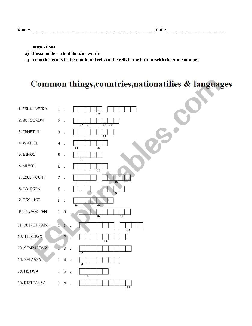 Review Nationalities, languages and common objects in the classroom