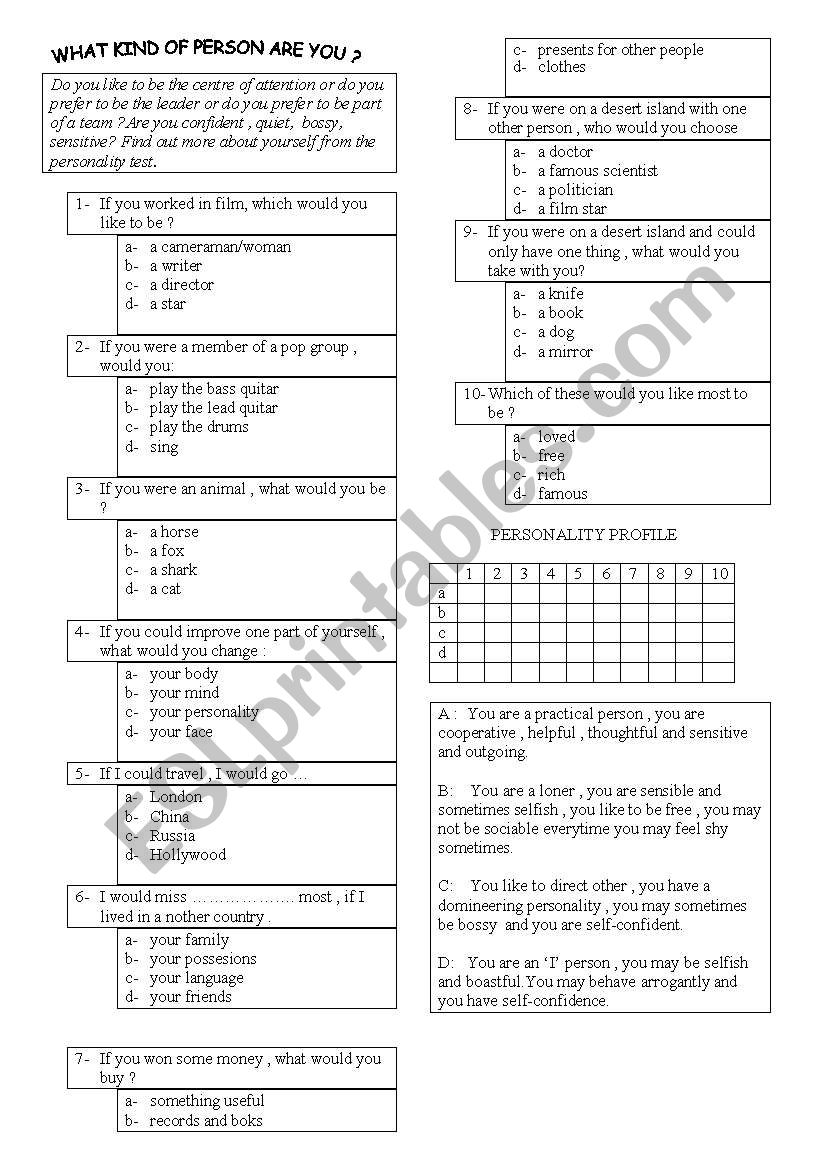 what kind of person are you? worksheet