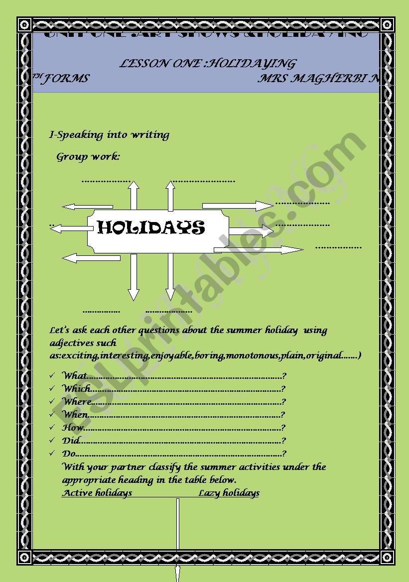 holidaying worksheet