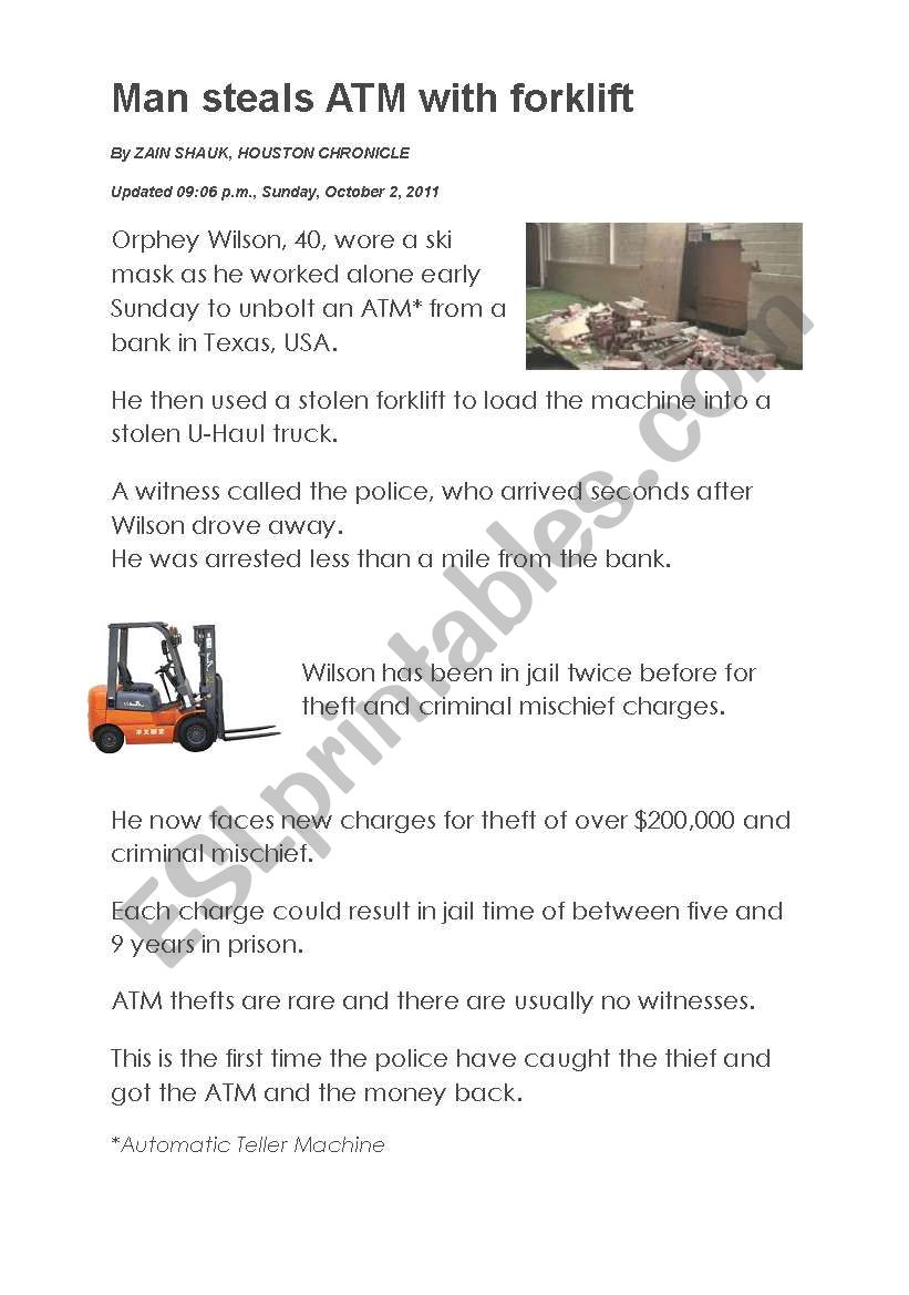 News Report: Man steals ATM with Forklift