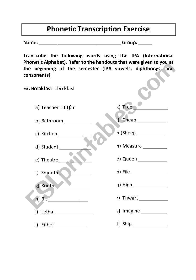 Phonetic Transcription Exercise - ESL worksheet by Nolj24