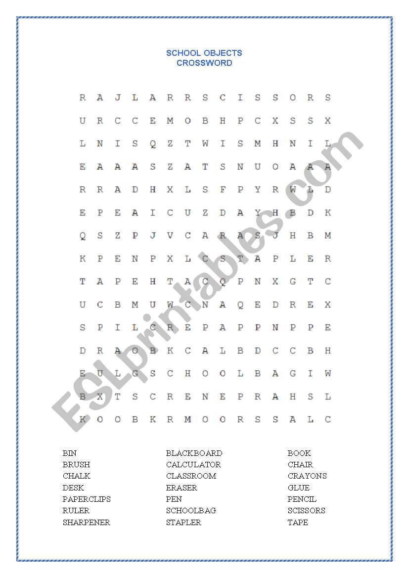  CROSSWORD (SCHOOL OBJECTS) worksheet