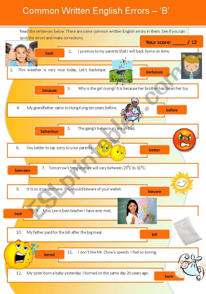 Common Written English Errors 3 - Â´BÂ´ (with detailed ans key)
