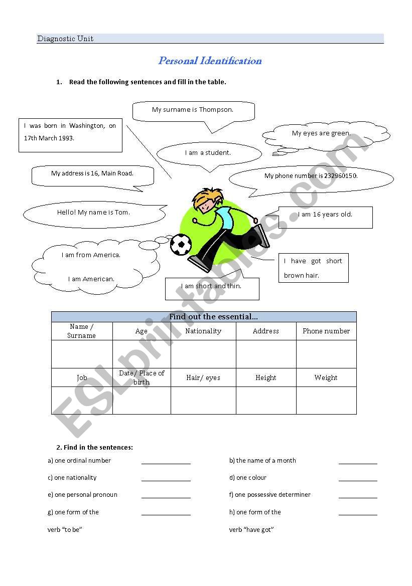 Personal ID - Diagnostic Unit worksheet