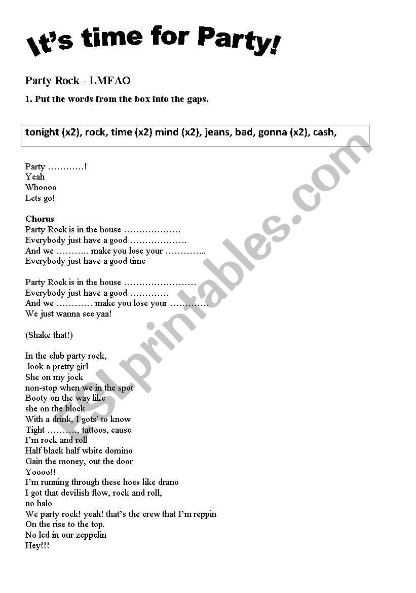 PARTY ROCK - LMFAO, song worksheet