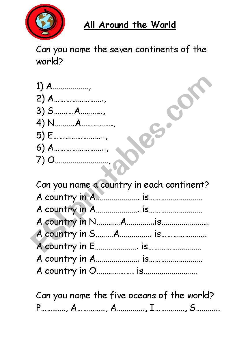 Continents and countries worksheet