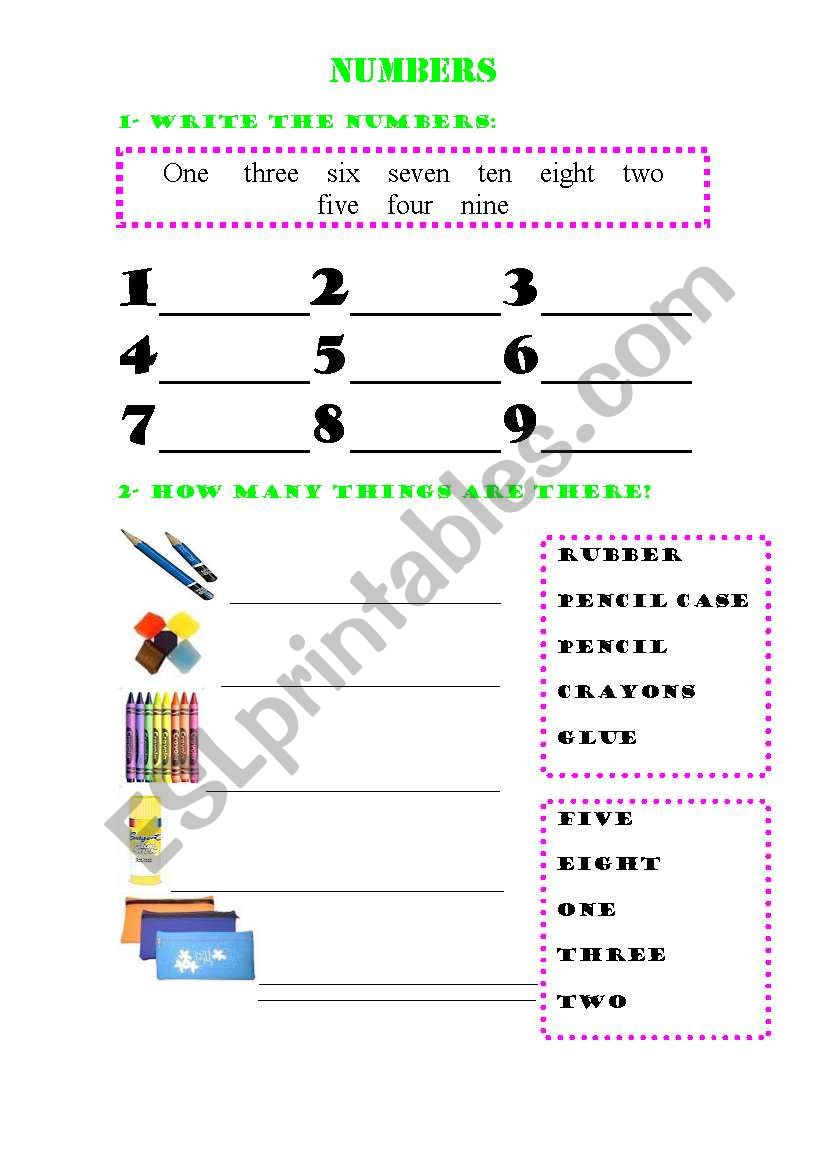 numbers and school objetcs worksheet