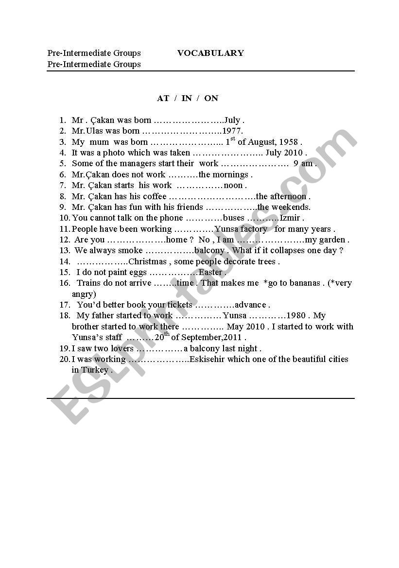 prepositions  worksheet