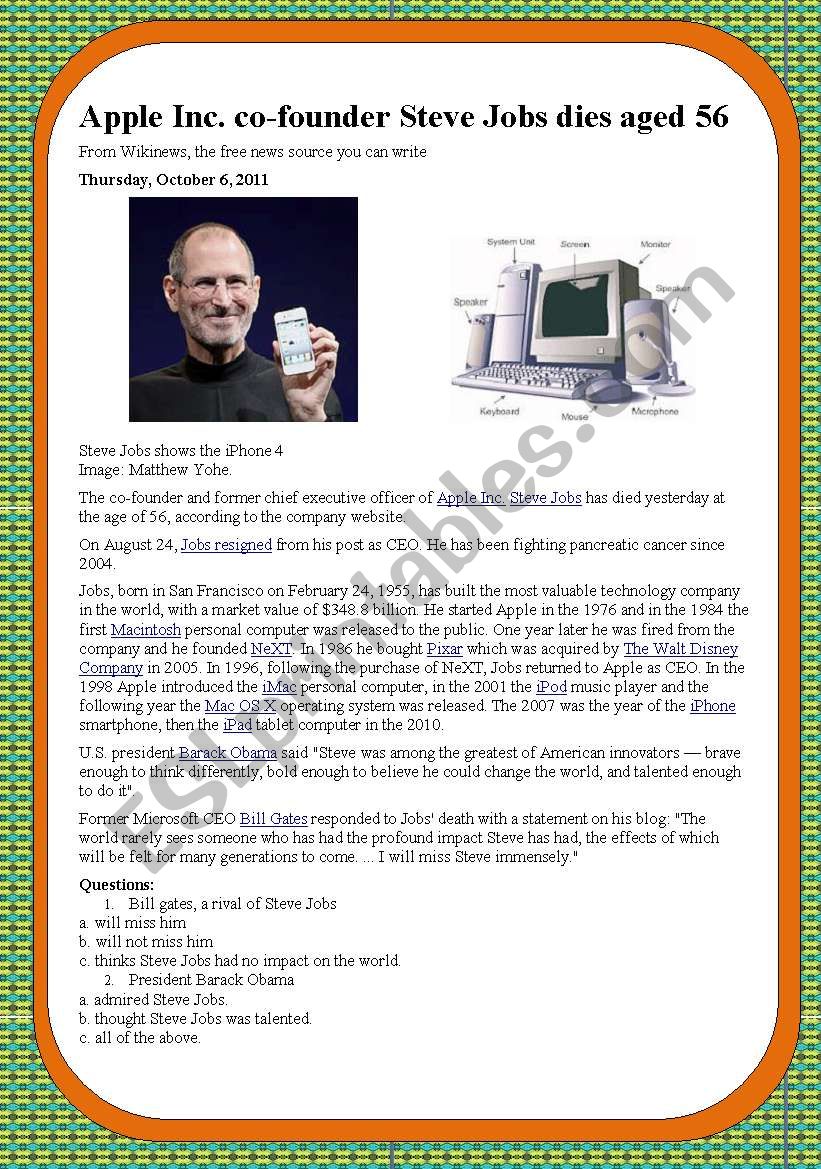Steve Jobs Dies worksheet