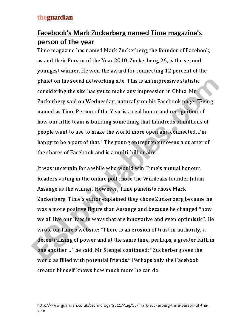 Reading Article on Facebook worksheet