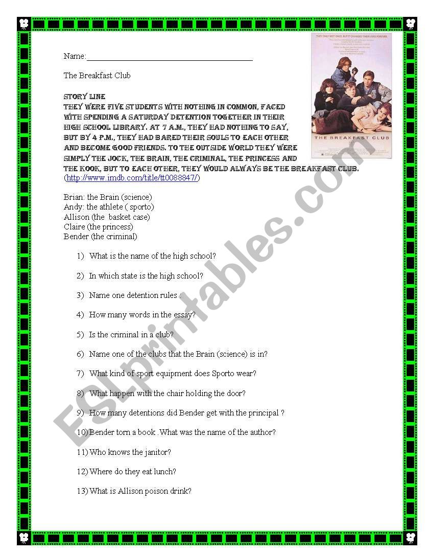 The Breakfast Club worksheet