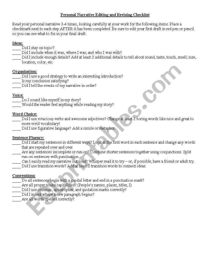 Narrative Revising Editing Checklist