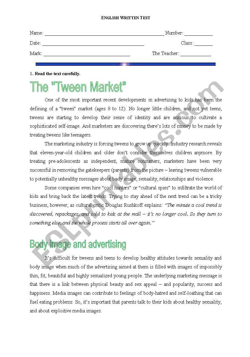 Tween Market worksheet