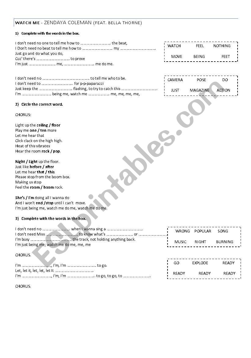 Watch Me - Zendaya Coleman worksheet