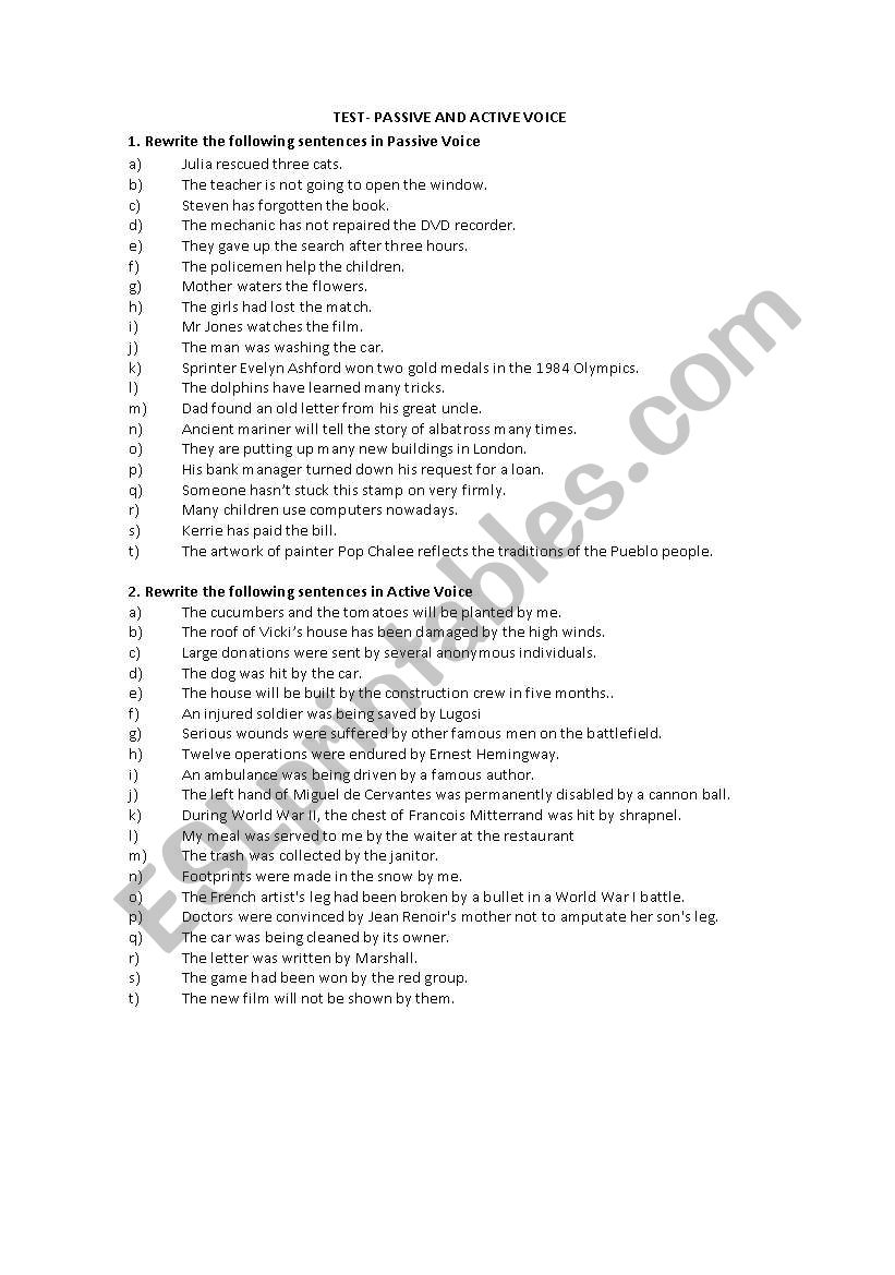 Passive adn Active Voice worksheet