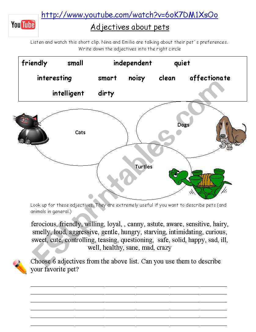 Adjectives about pets worksheet