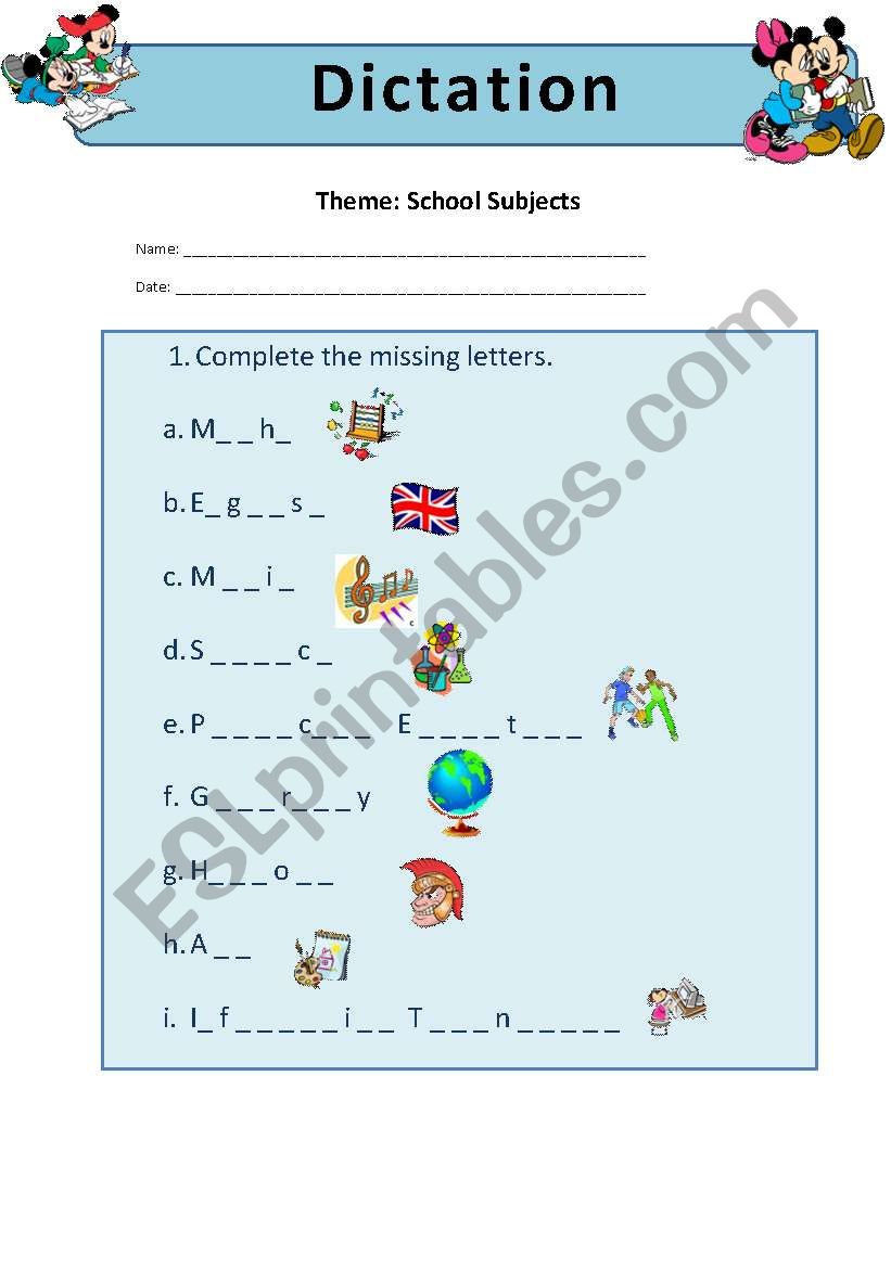 school subjects (dictation) worksheet