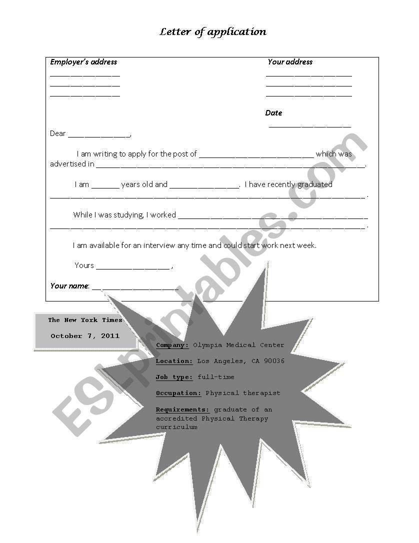 Letter of application worksheet