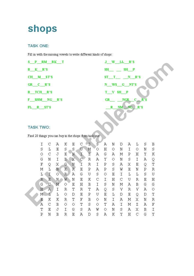 Shops worksheet