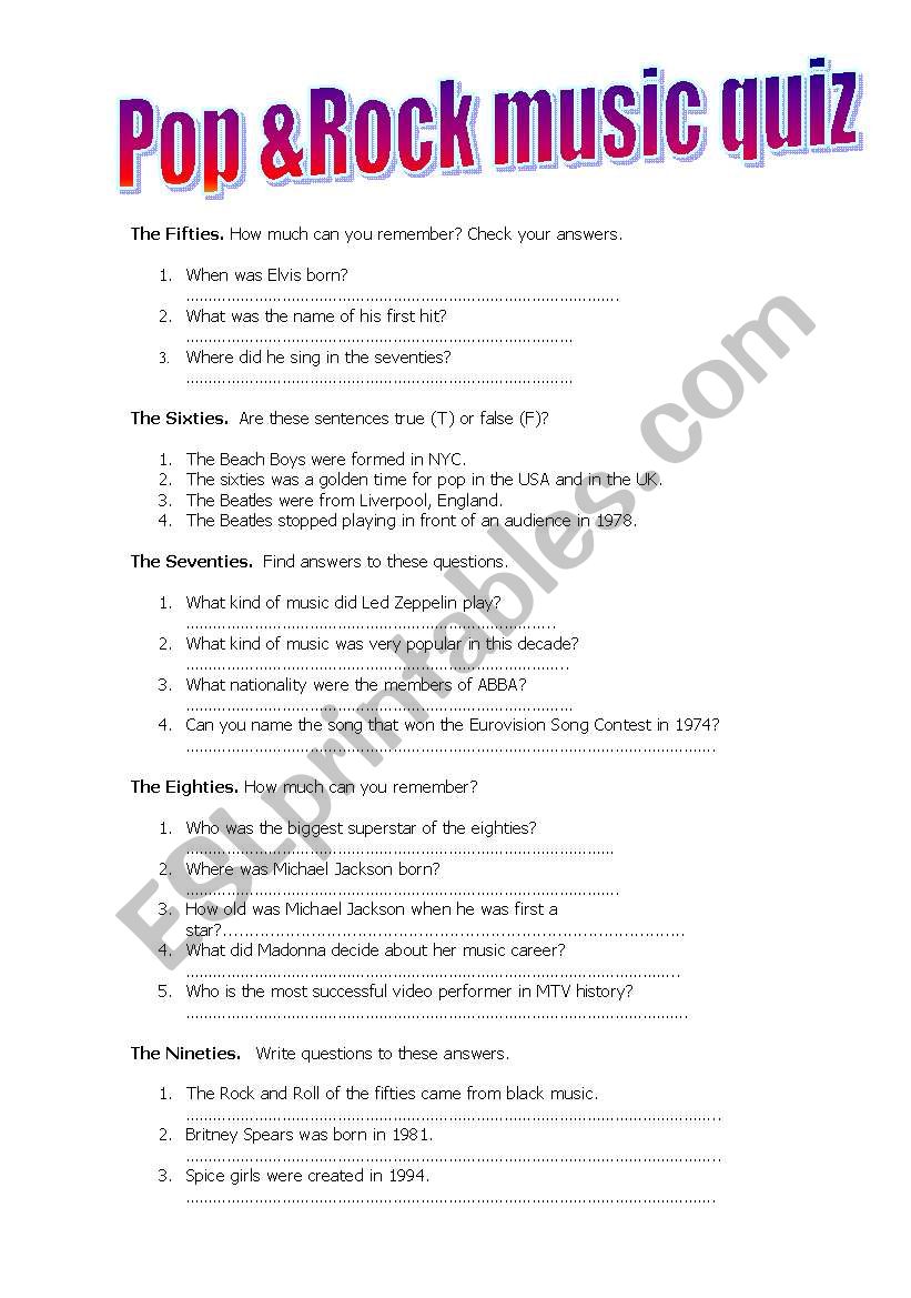 Pop & Rock Music quiz worksheet